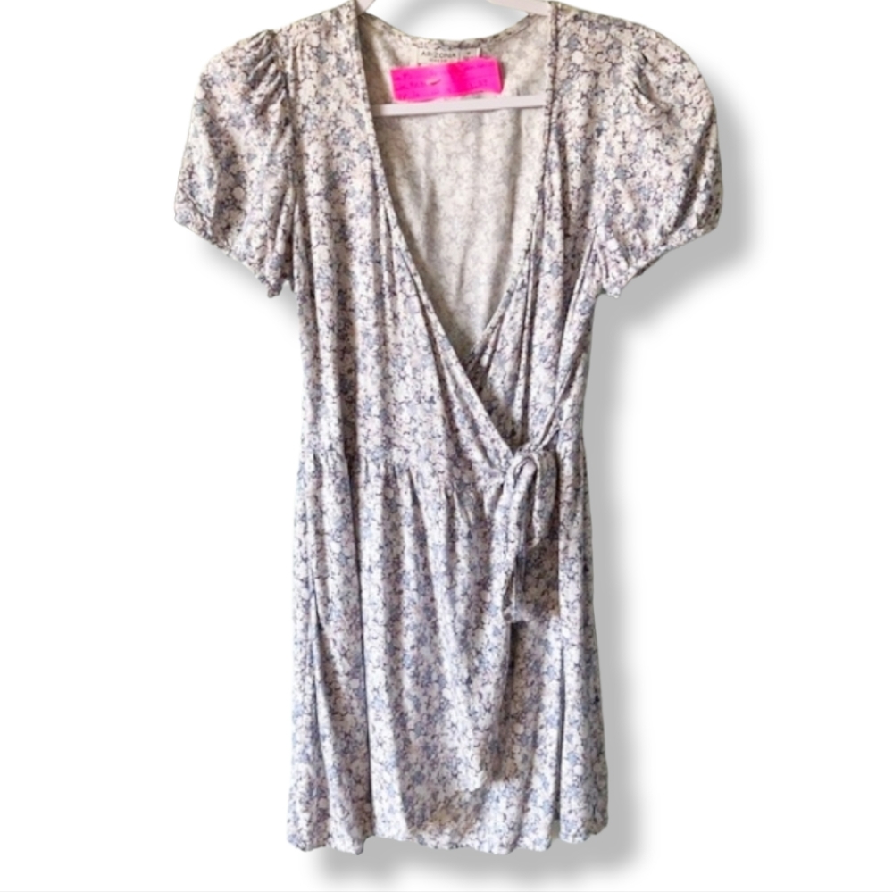 Arizona Floral dainty cottage short puff sleeve wrap mini dress tunic XS/S